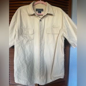 Retro tan short sleeve button up fishing shirt.